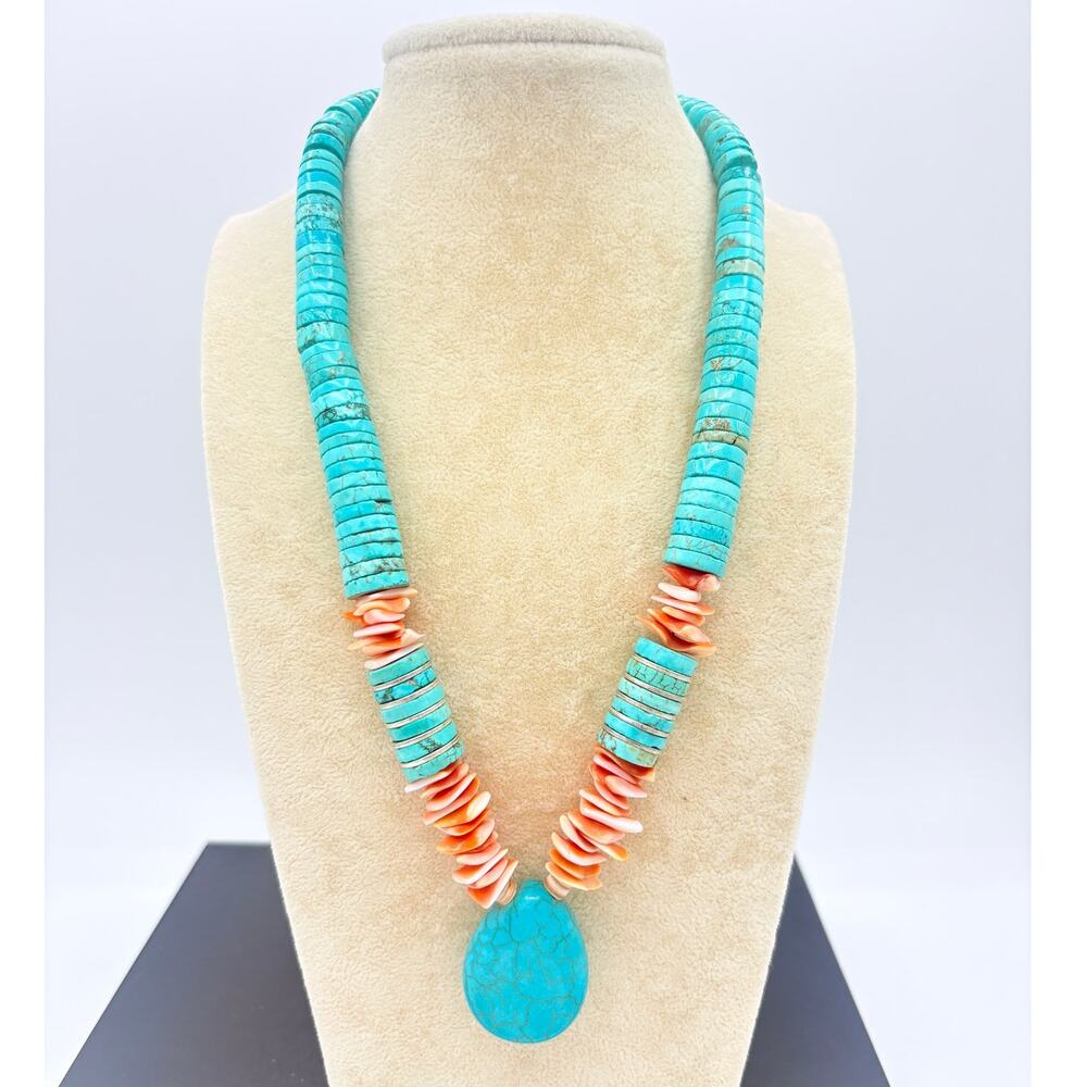 Southwest Turquoise and Spiny Oyster Necklace • 22" Artisan Shell Heishi Strand